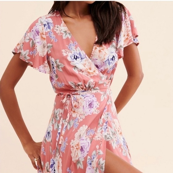 Auguste The Label Pascal Muse Floral Wrap Maxi Dress Pink Peach Short Sleeve 8 - Picture 11 of 16